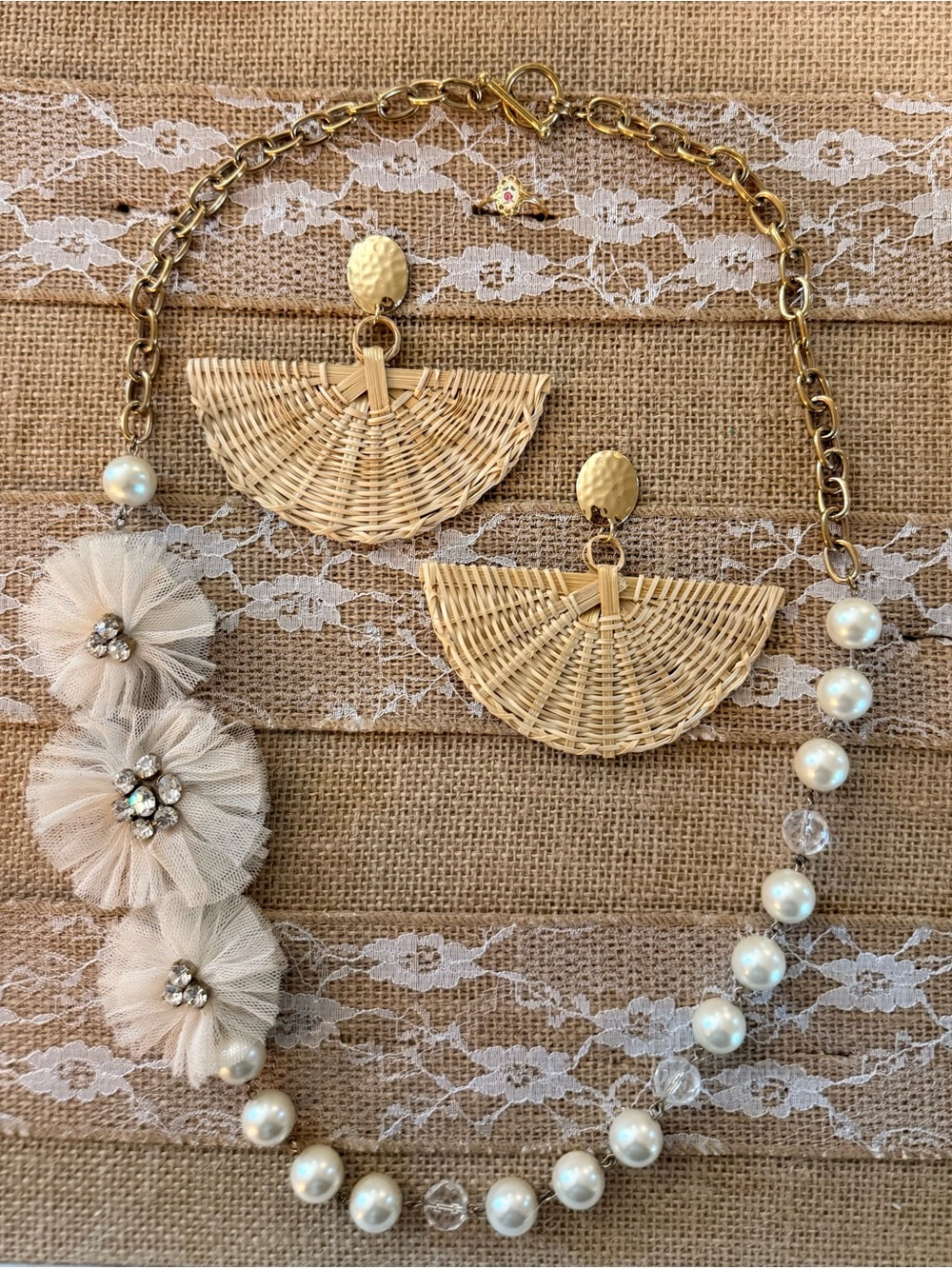Rattan Fan Drop Earrings and Pearl Necklace Set - Cream gold ring bundle